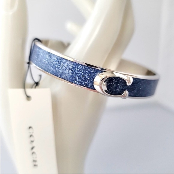 Coach Signature C Logo Hinged Bangle Bracelet Sparkly Blue silver - Picture 1 of 6